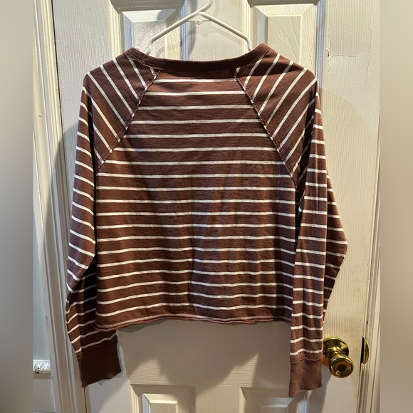 NWT Aerie Shirt Womens XS Mauve White Striped Cropped Tee Boxy Long Sleeve - Picture 2 of 7